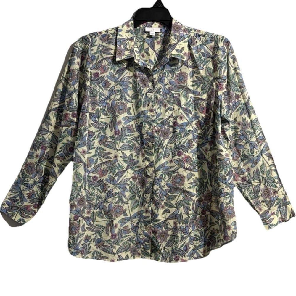 J.Jill Whimsical Dragonflies Multicolor Button Up Blouse Women’s M Collared - Picture 3 of 14